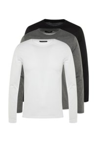 TRENDYOL MAN Çok Renkli Erkek Regular Fit Bisiklet Yaka Uzun Kollu 3'lü Basic Paket T-Shirt TMNAW21TS0197