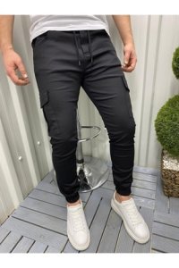 marco vacio Slim Fit Beli Ve Paçası Lastikli Kargo Cep Pantolon (SİYAH)