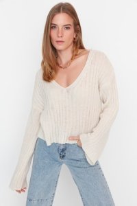 TRENDYOLMİLLA Taş Crop Yünlü Fitilli Oversize Triko Kazak TWOAW23KZ01844