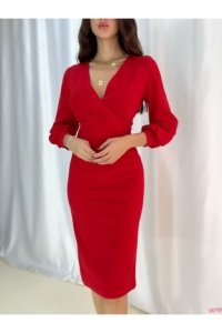 Masspera Kruvaze Yaka Uzun Kollu Krep Kumaş Midi Boy Abiye Elbise