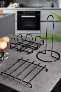 MG HOME 3'lü Siyah Nihale Peçetelik Havluluk Seti Siyah Rengi Paslanmaz Çelik Mutfak Servis Sunum Takım